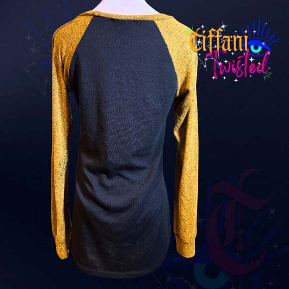 Boutique Black & Mustard Raglan Long Sleeve Top with Sequin Pocket | Size M - Picture 2 of 4